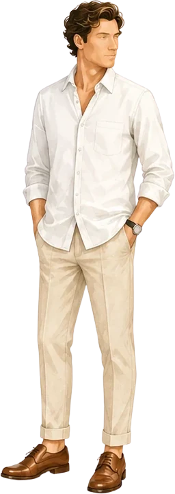 Ejemplo de vestimenta para ellos: guayabera o camisa de manga larga, pantalón de vestir y zapatos cafés