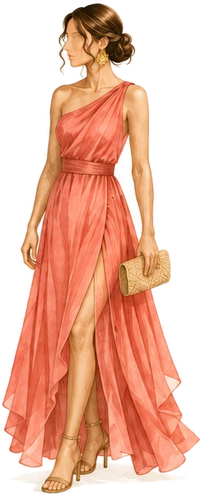 Ejemplo de vestimenta para ellas: vestido largo en tono coral, con olanes y corte ligero